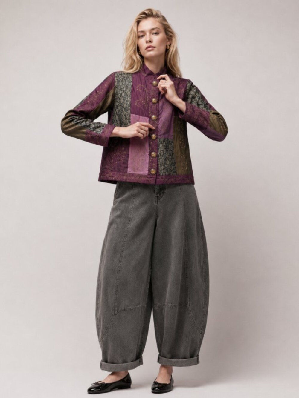 Patchwork Blazer S Taffeta Brocade Embroidered Ethnic Folk Boho Festival Y2K